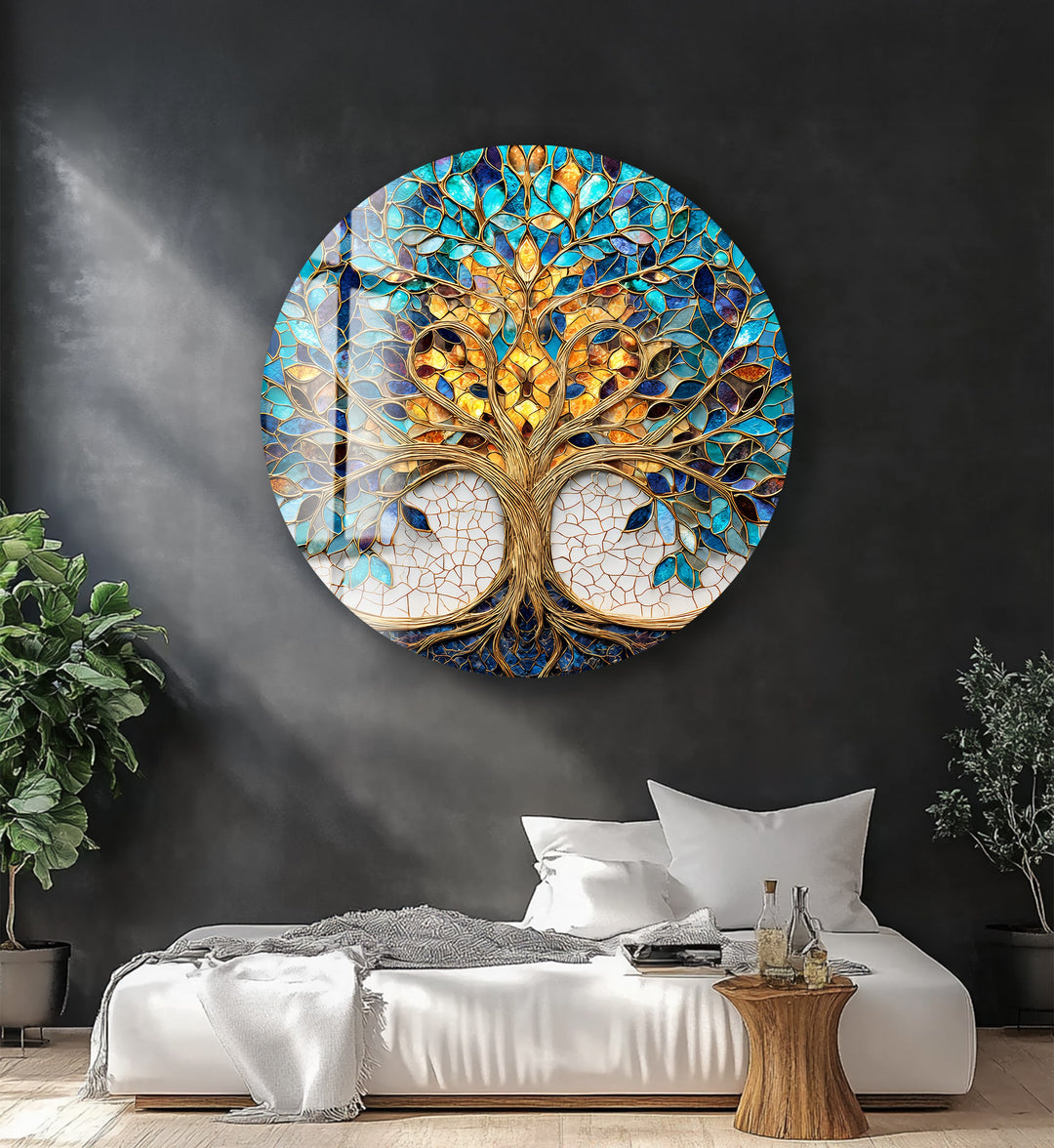 Luminous Harmony Tree – Round Glass Wall Art