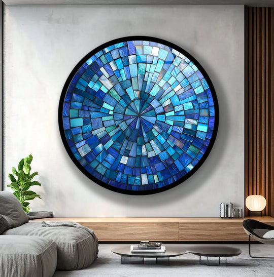 White wall background complements the oceanic radiance blue mosaic round art from glass, enhancing the decorative wall art's radiant design and calming ocean tones.