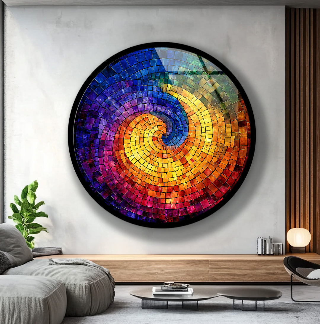 Chromatic Spiral – Vibrant Abstract Mosaic Round Glass Wall Art