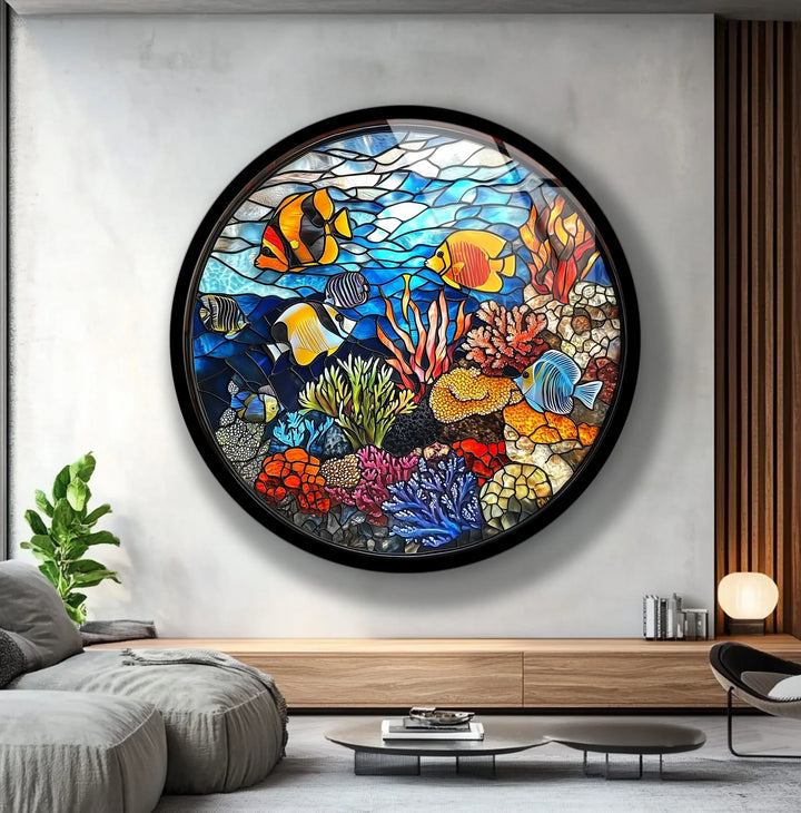 Coral Reef Mosaic Round Glass Wall Art - MyPhotoStation