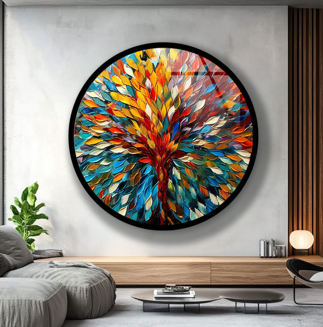 Eternal Bloom – Vibrant Tree of Life Round Glass Wall Art
