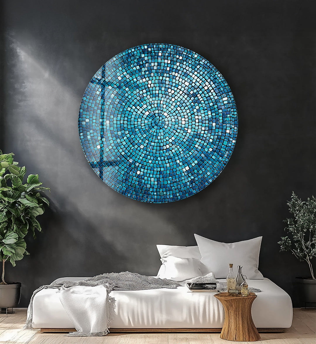 Azure Radiance Mosaic – Round Glass Wall Art