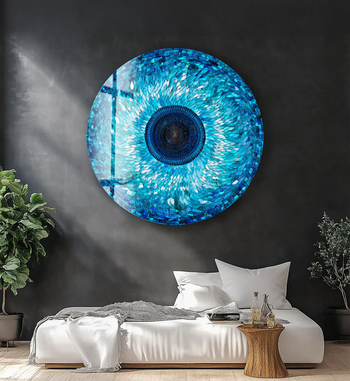 Sapphire Mosaic Evil Eye – Round Glass Wall Art