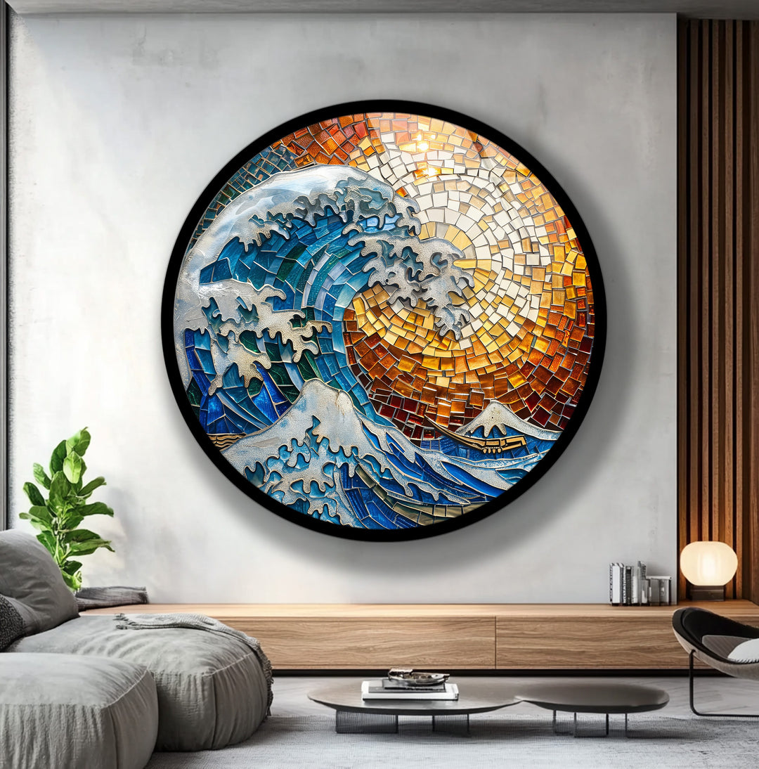 Golden Wave – Mosaic Ocean Round Glass Wall Art