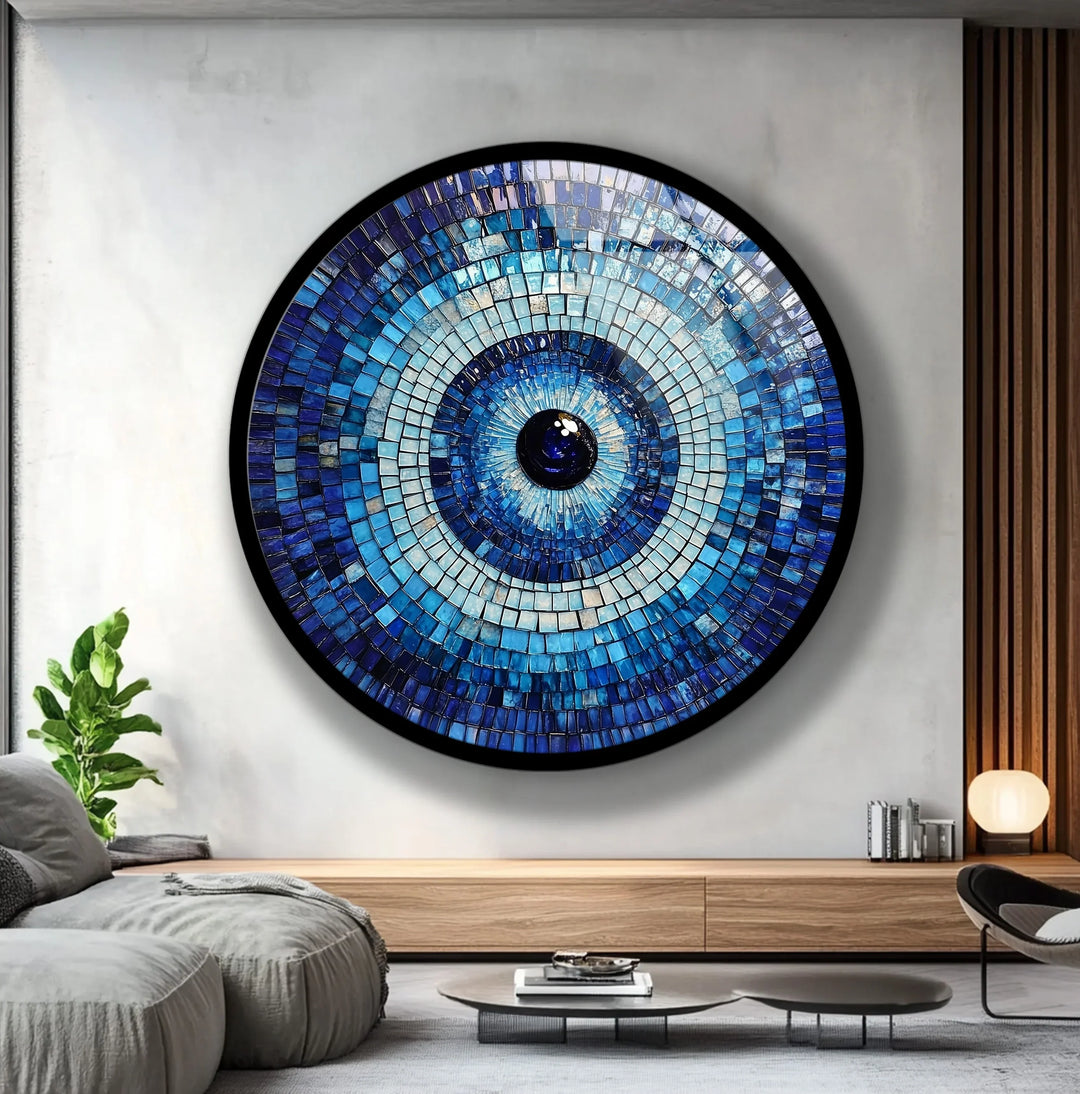 Blue Mosaic Evil Eye – Round Glass Wall Art - MyPhotoStation