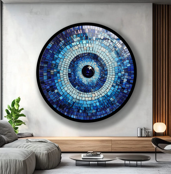Blue Mosaic Evil Eye – Round Glass Wall Art - MyPhotoStation