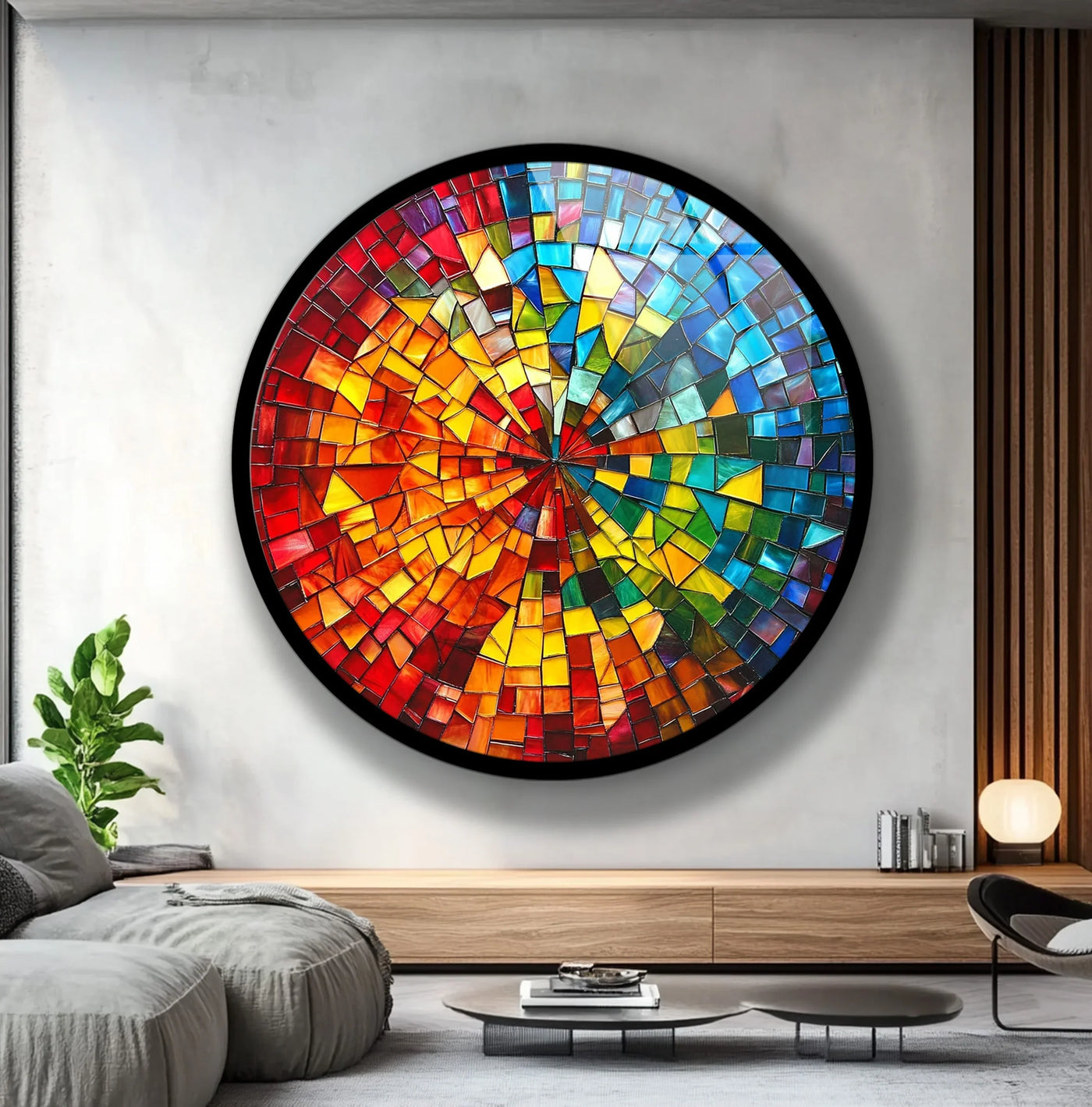 High-quality glass craftsmanship ensures this Rainbow Burst Mosaic Round wall art prints feature a vibrant and durable mosaic design, perfect as a colorful wall accent.