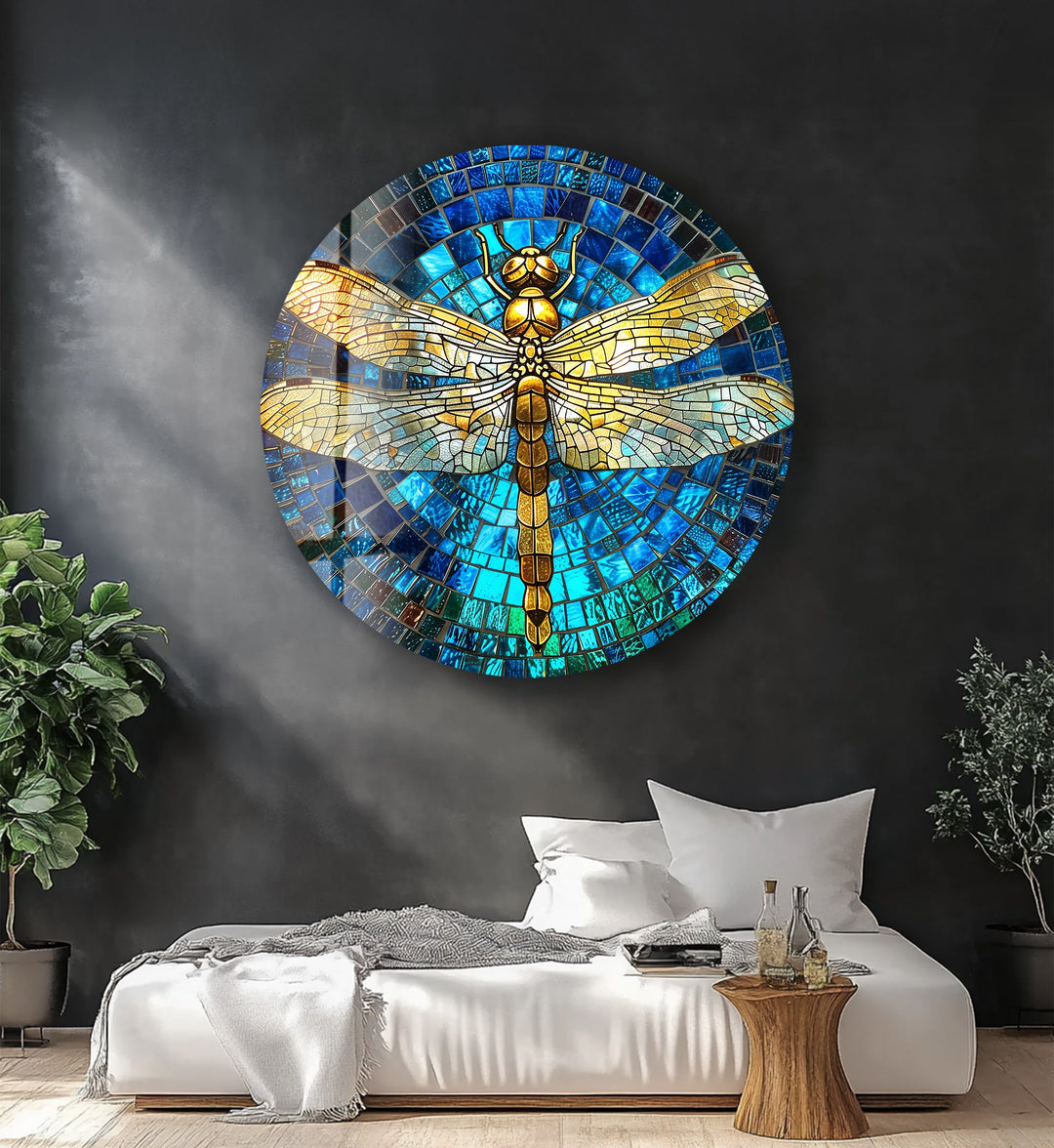 Golden Serenity – Dragonfly Mosaic Round Glass Wall Art