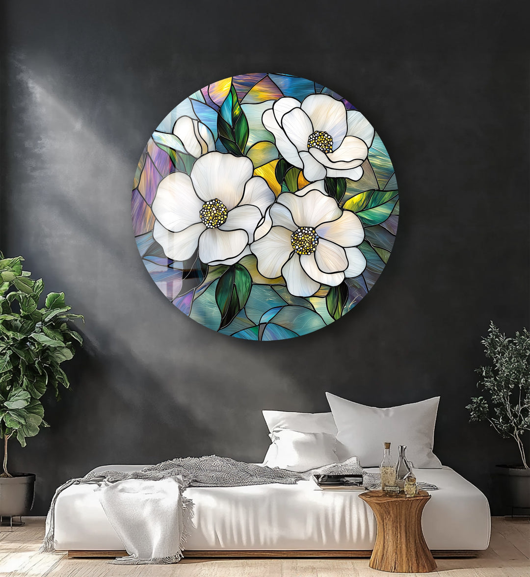 Ivory Bloom Harmony – Round Glass Wall Art