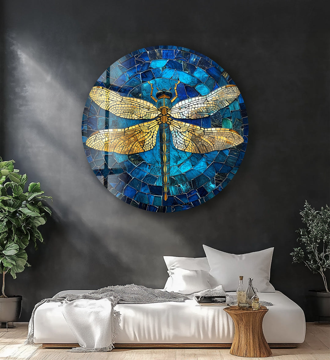 Golden Wings – Dragonfly Mosaic Round Glass Wall Art
