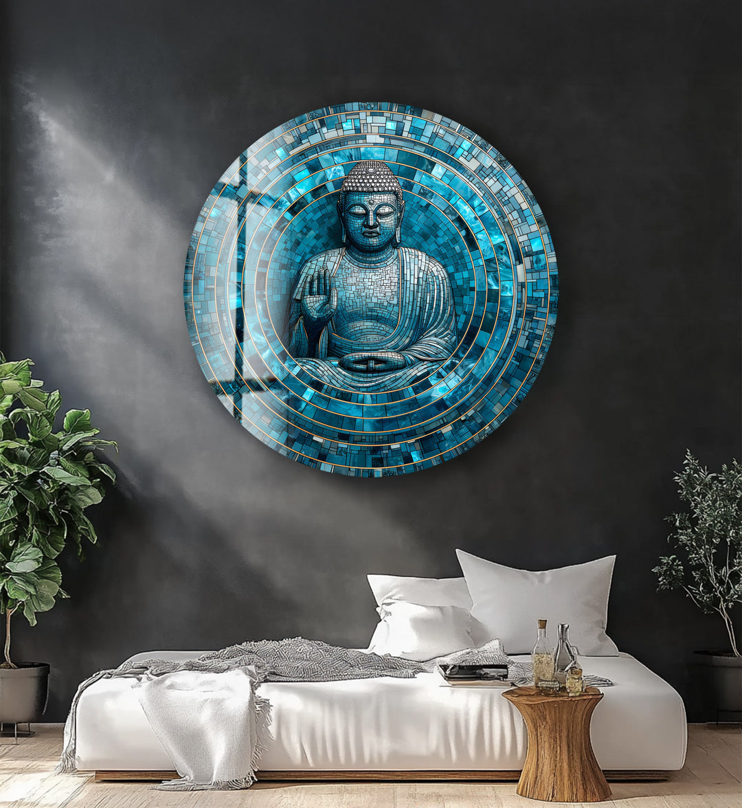 Tranquil Mosaic Buddha – Round Glass Wall Art