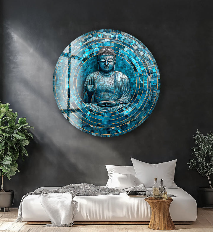 Tranquil Mosaic Buddha – Round Glass Wall Art