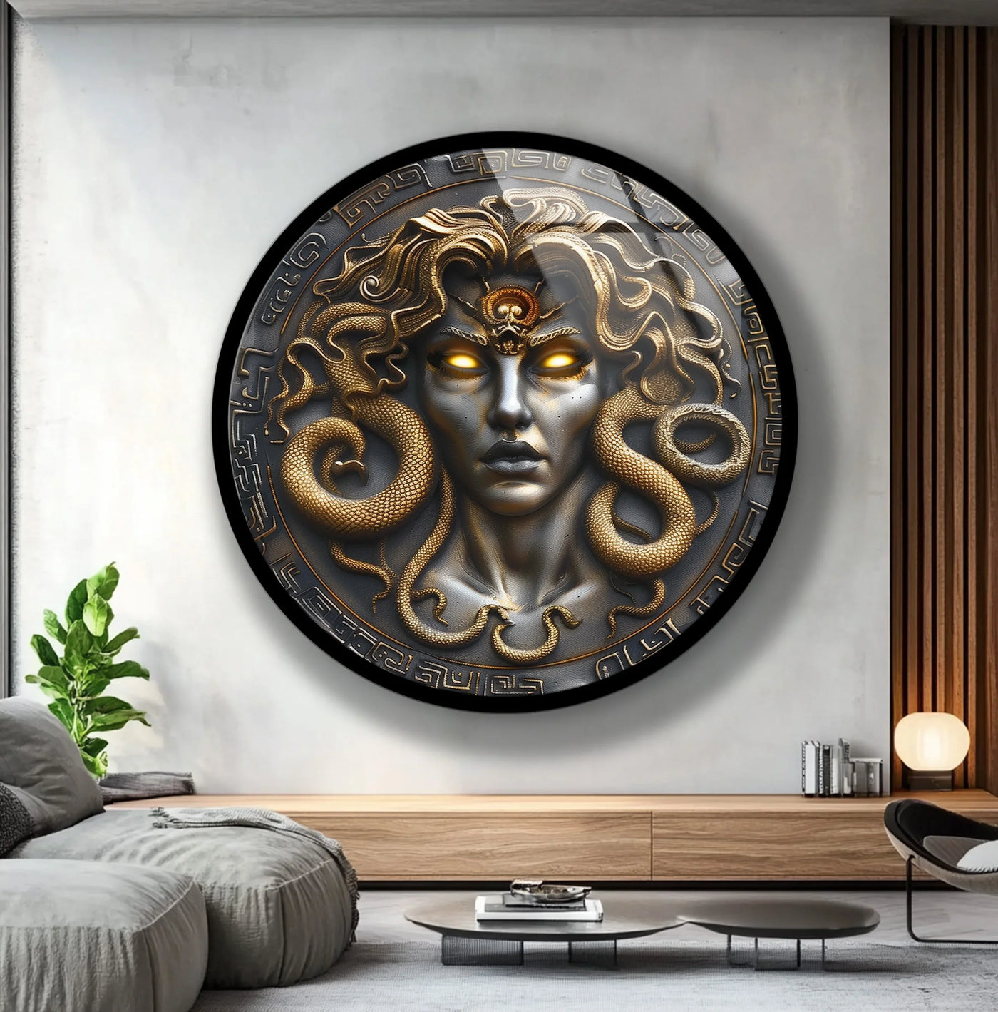 Glowing eyes highlight this round Medusa Gaze mythological tempered glass wall art, creating a striking focal point within a modern setting.