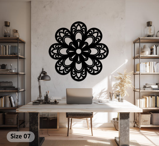 Intricate metal artwork of an ornate bloom mandala, a captivating floral geometry design and perfect metal artwork to add elegance to the room.