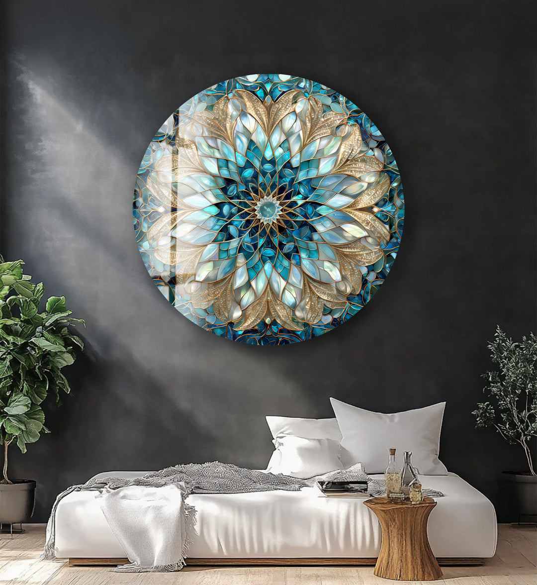 Celestial Bloom Mandala – Round Glass Wall Art