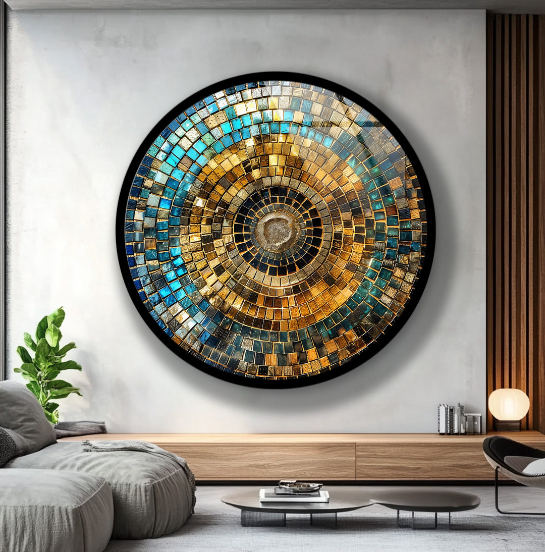 Golden Horizon – Mosaic Circle Round Glass Wall Art