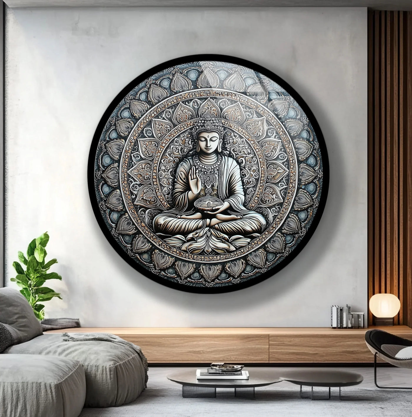 Brightest areas of the Mandala Buddha round tempered glass wall art illuminate the serene Buddha and intricate mandala design.