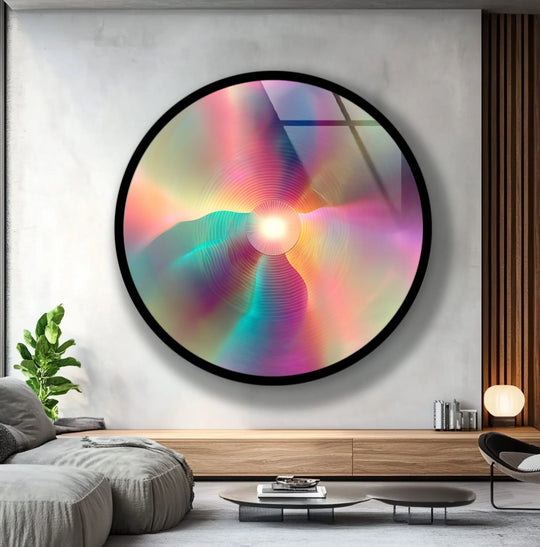 Calming tones create a serene mood in this round glass wall art, a mesmerizing iridescent glow offering modern wall prints with a radiant, rainbow effect.