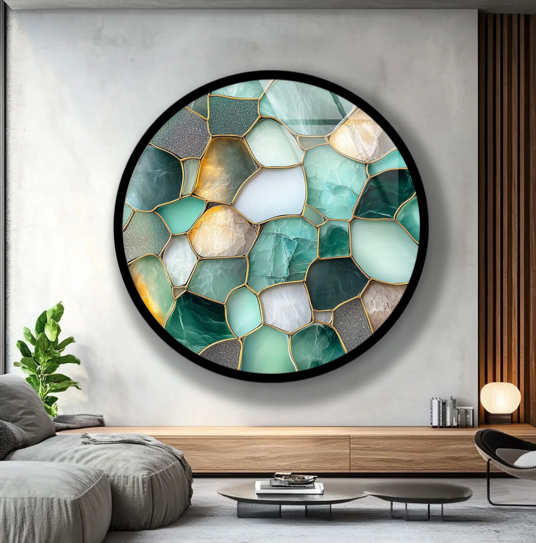 Green Stone Mosaic Round Glass Wall Art - MyPhotoStation