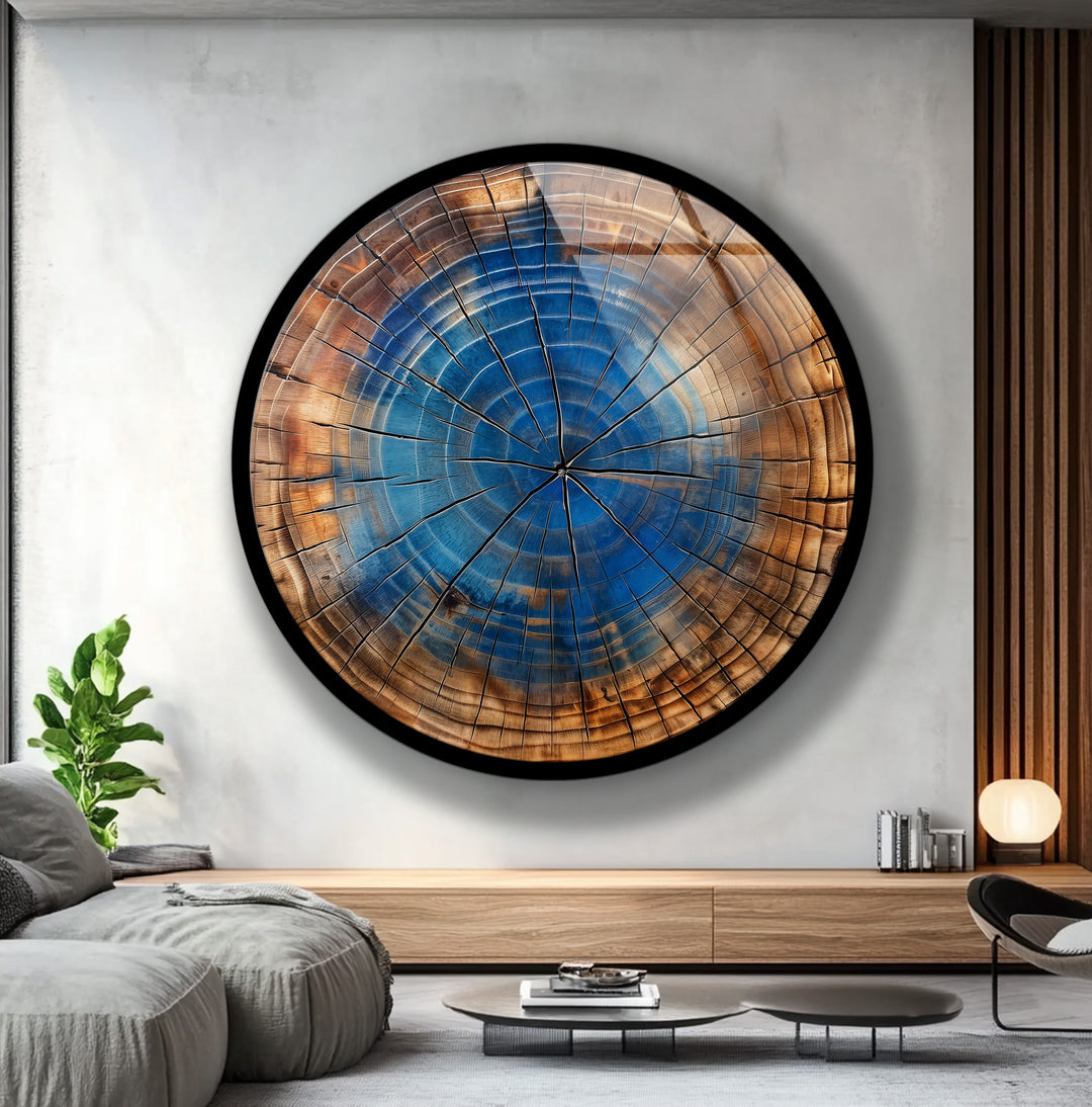 Blue Core Timber – Rustic Round Glass Wall Art