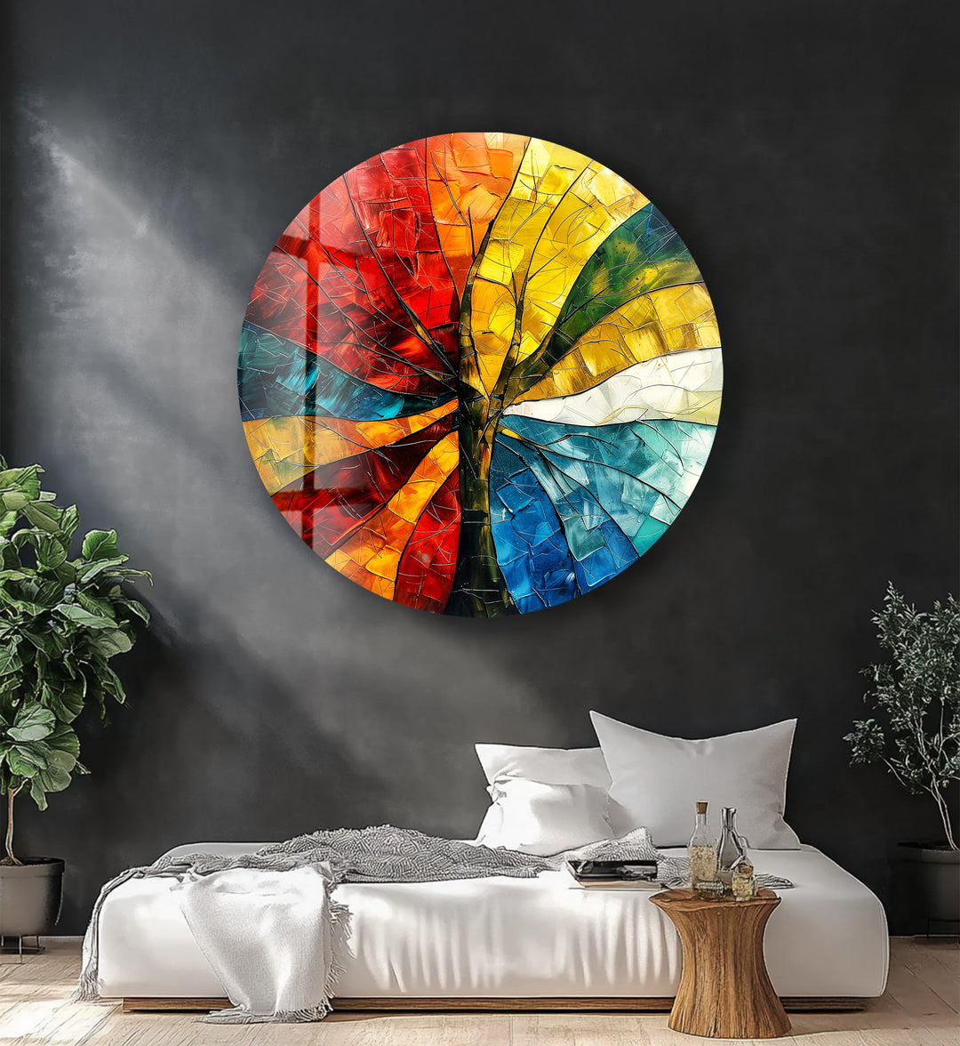 Chromatic Bloom – Multicolor Abstract Tree Round Glass Wall Art