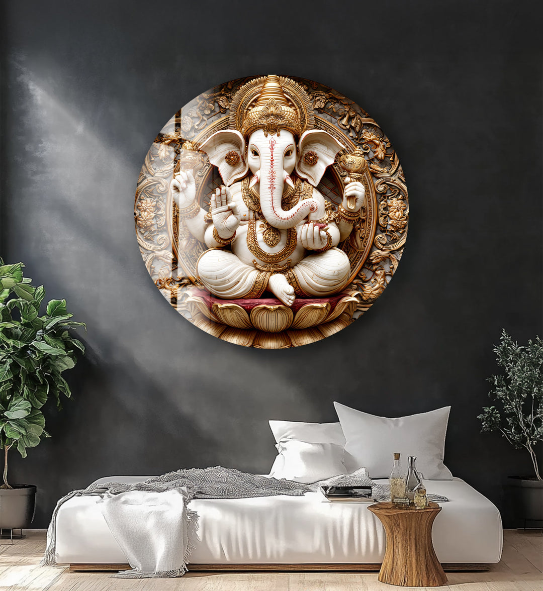 Golden Ganesha Serenity – Round Glass Wall Art