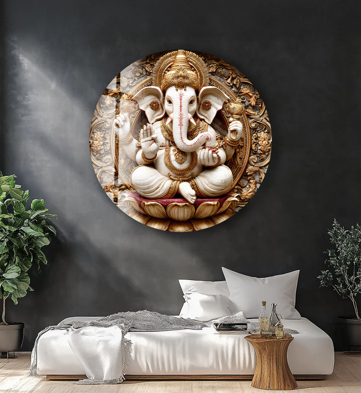 Golden Ganesha Serenity – Round Glass Wall Art