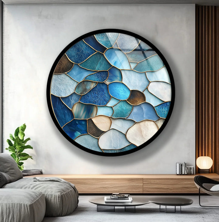 Coastal Blue Stone Mosaic Round Glass Wall Art - MyPhotoStation
