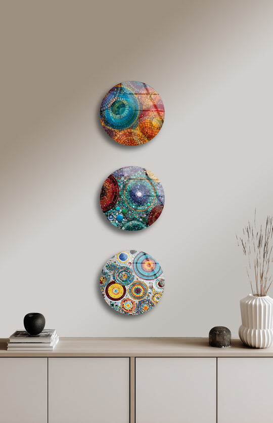 Radiant mosaic circles colorful and abstract round glass wall art set with glossy finish and modern mosaic pattern are modern interior decor and art pieces