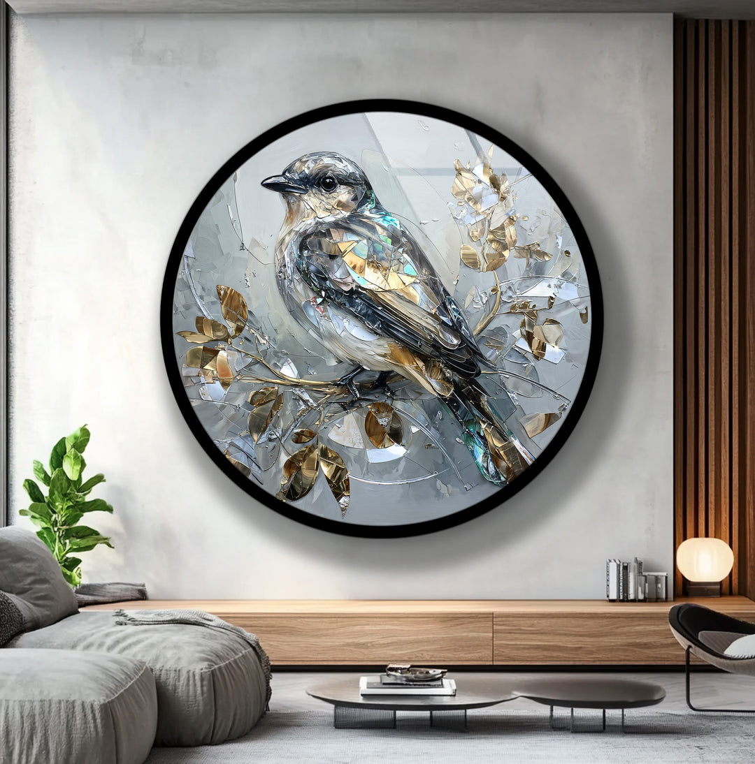 Golden Serenity – Crystal Bird Round Glass Wall Art