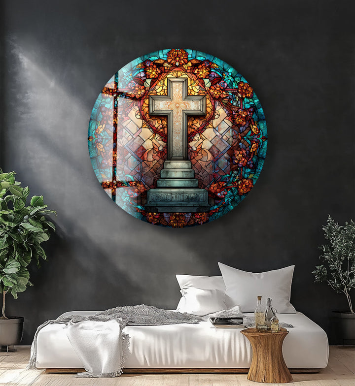 Golden Petal Harmony – Round Glass Wall Art