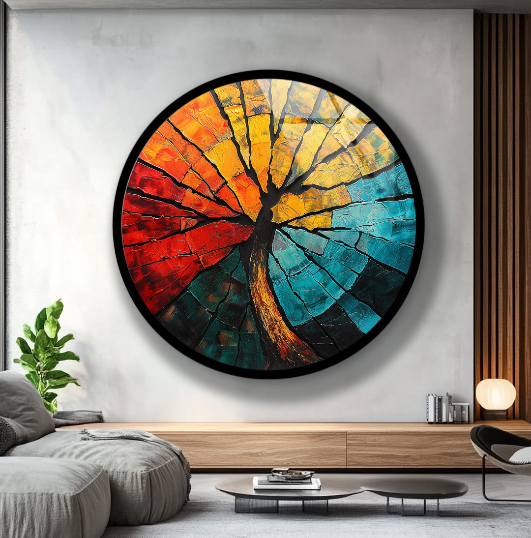 Elemental Fusion – Fiery Abstract Tree Round Glass Wall Art