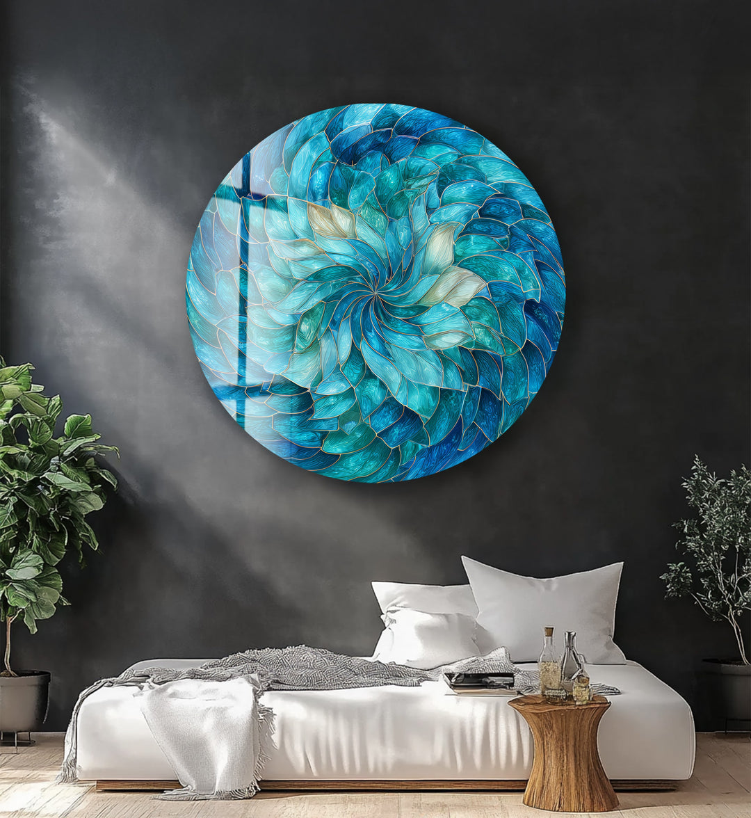 Ocean Bloom Spiral – Round Glass Wall Art