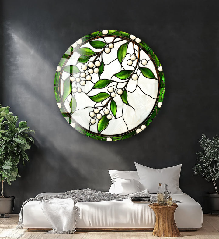 Emerald Berry Vines – Round Glass Wall Art