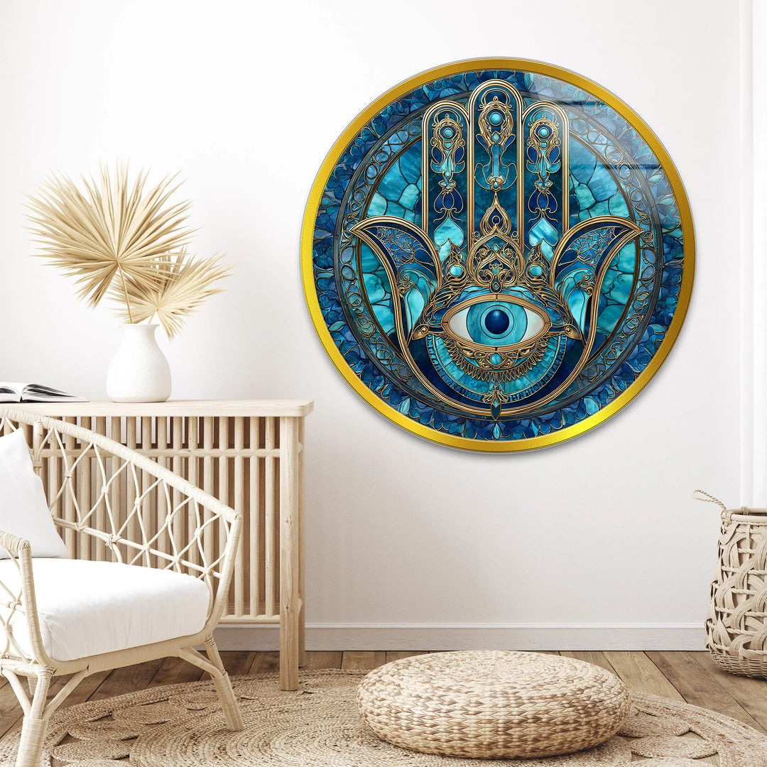 Mystic Hamsa Hand with Evil Eye – Round Glass Wall Art - MyPhotoStation