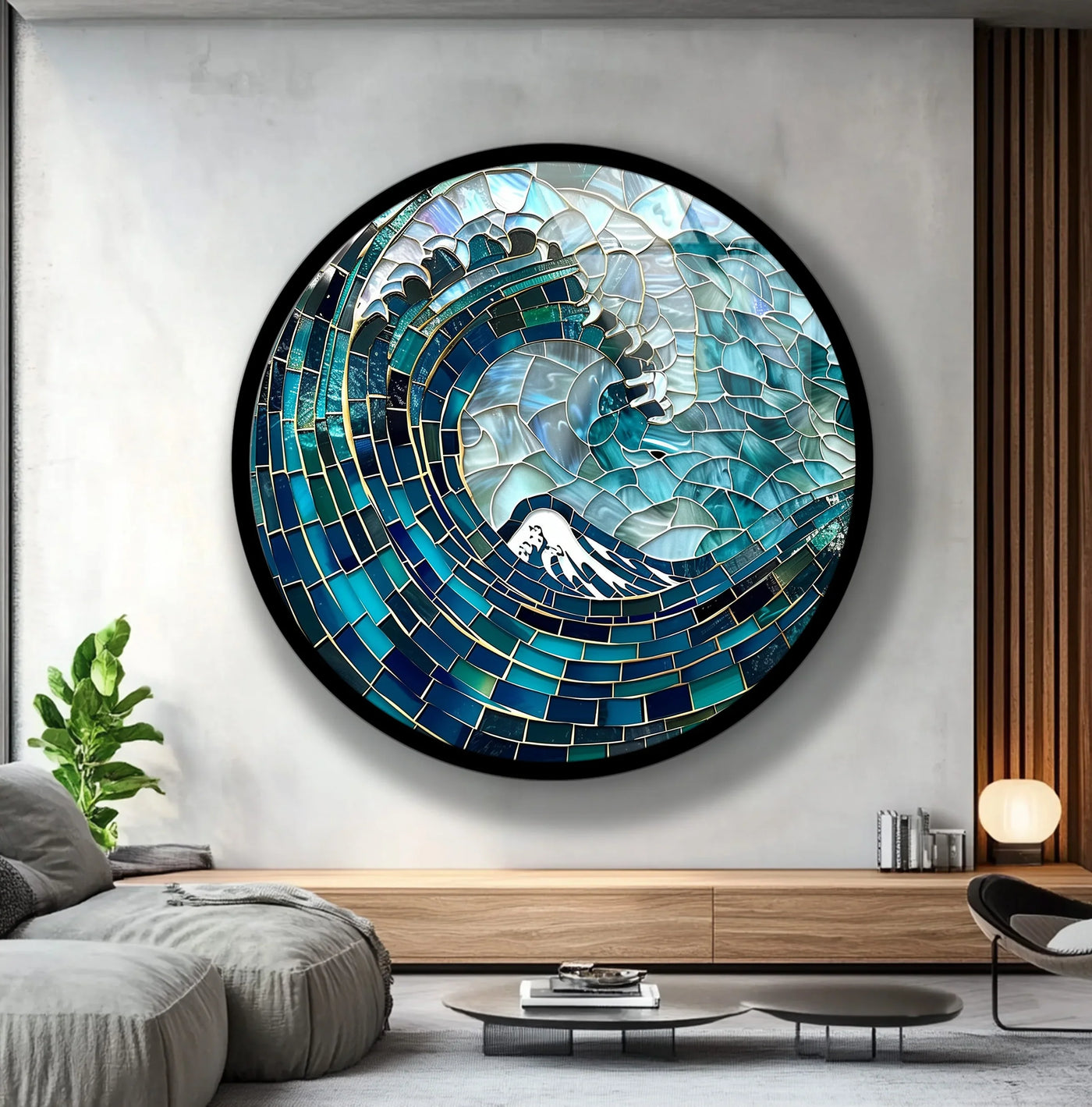 Calming, turquoise tones evoke the mood of oceanic serenity in this round Deep Sea Wave Mosaic hanging wall art, creating a captivating focal point.