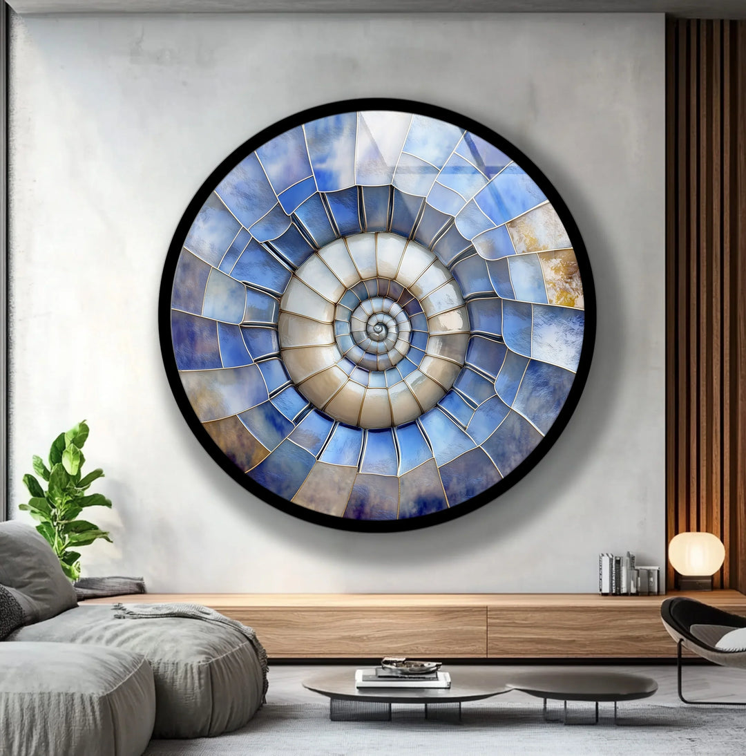 Ocean Spiral Shell – Blue & Sand Round Glass Wall Art - MyPhotoStation