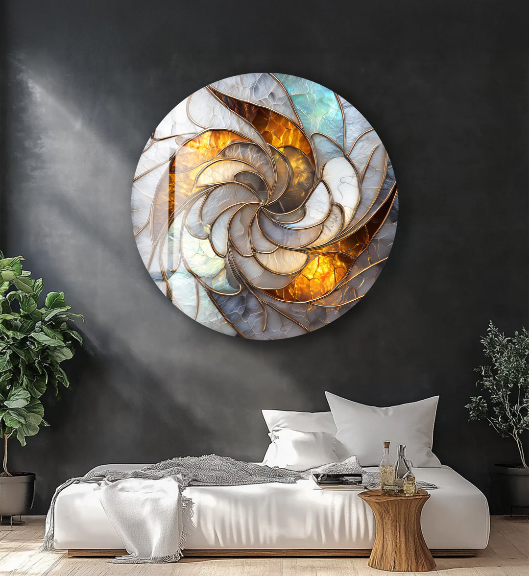 Golden Spiral Radiance – Round Glass Wall Art