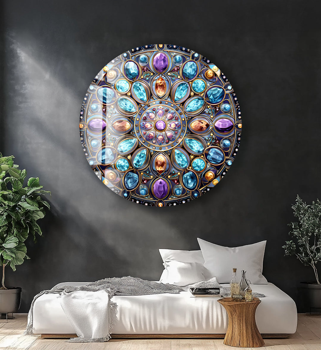 Celestial Jewel Mandala – Round Glass Wall Art