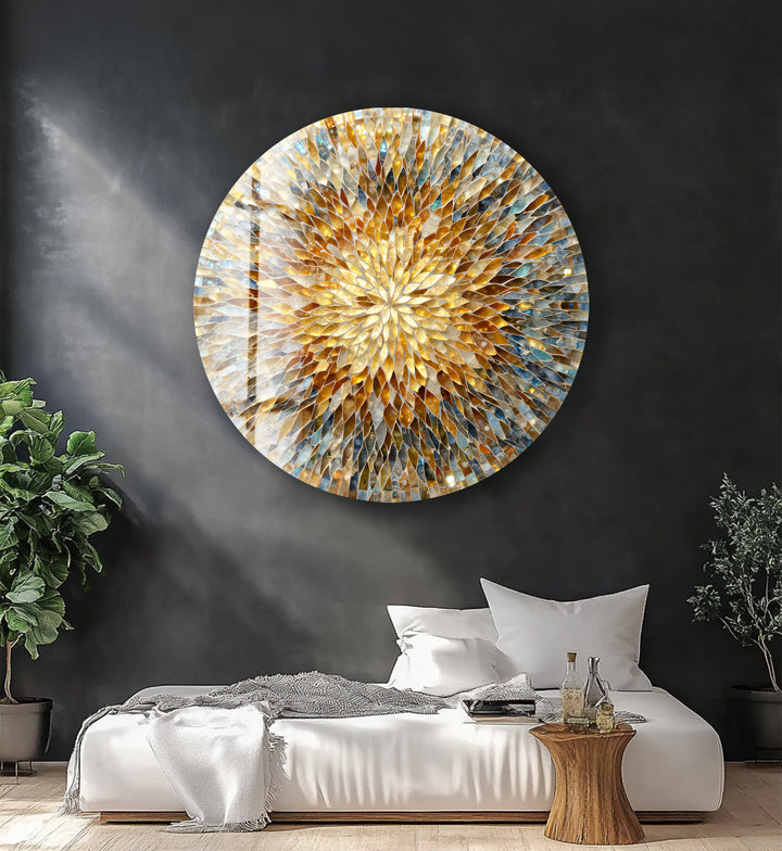Shimmering Mosaic Petals – Round Glass Wall Art