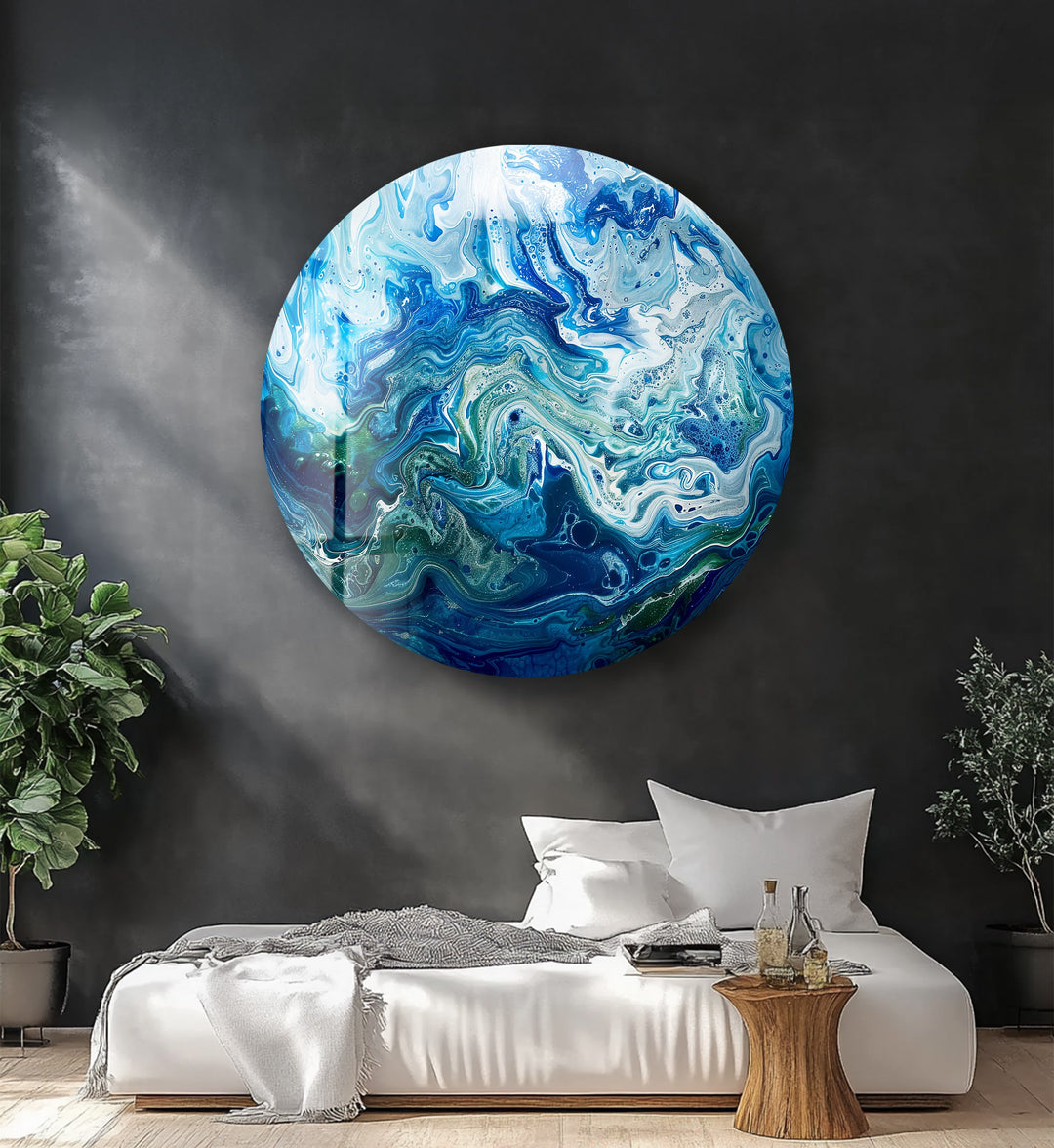 Ocean Veins – Blue Abstract Fluid Round Glass Wall Art