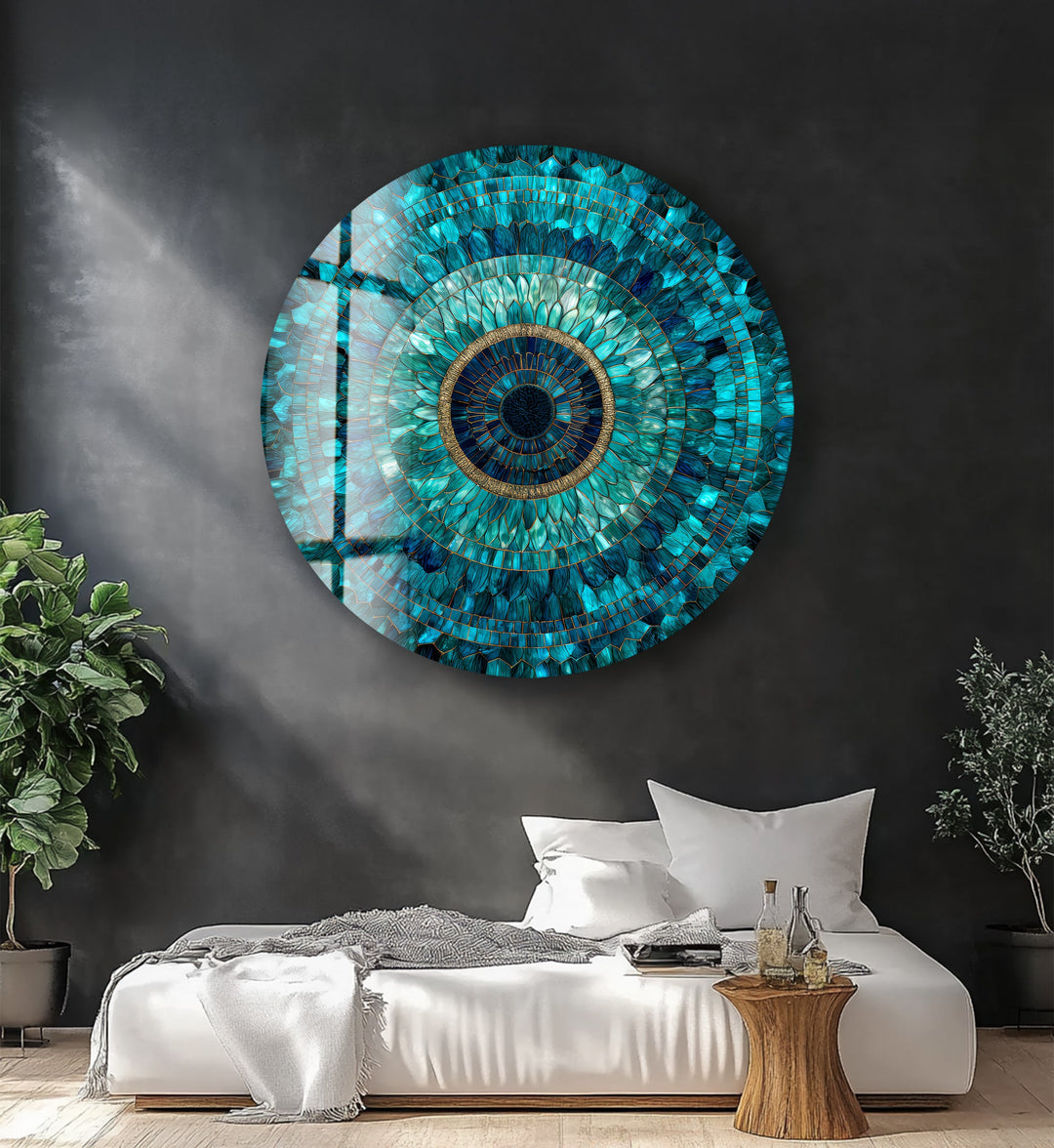 Emerald Mandala Radiance – Round Glass Wall Art