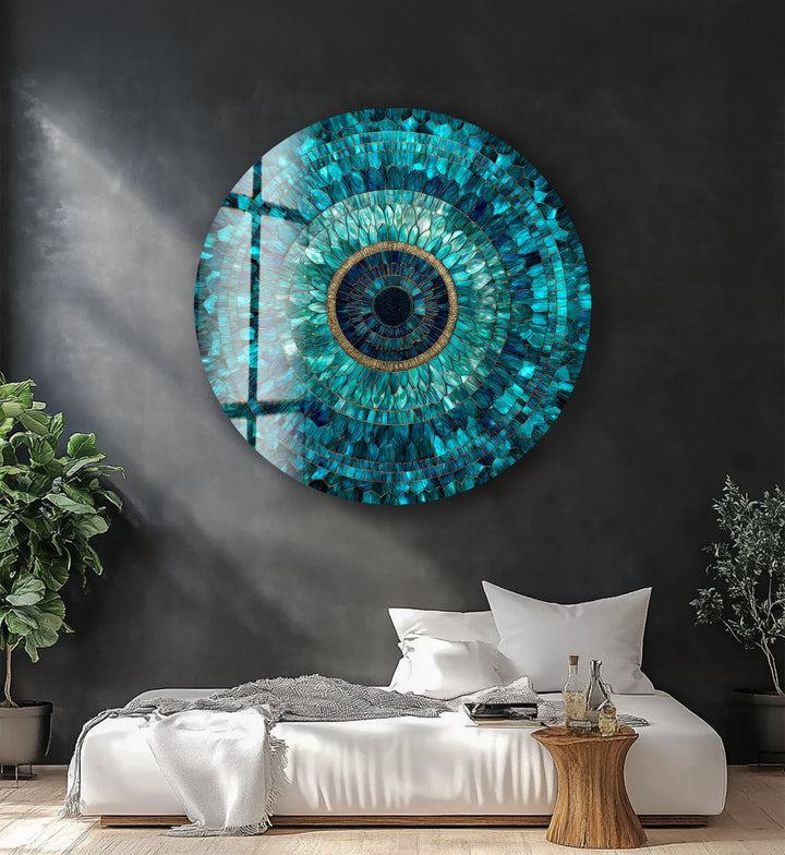 Emerald Mandala Radiance – Round Glass Wall Art