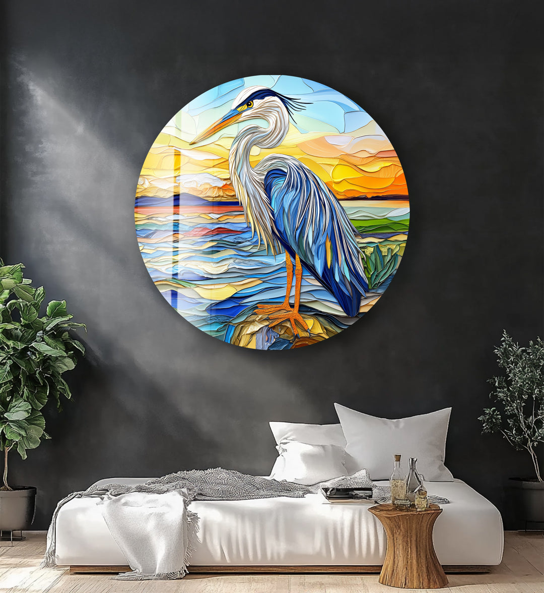 Blue Heron at Dusk – Round Glass Wall Art