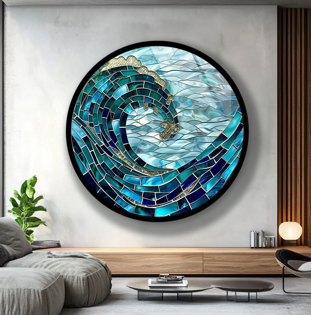 Golden Crest Wave Mosaic Round Glass Wall Art - MyPhotoStation