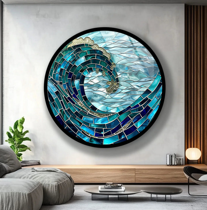 Golden Crest Wave Mosaic Round Glass Wall Art - MyPhotoStation