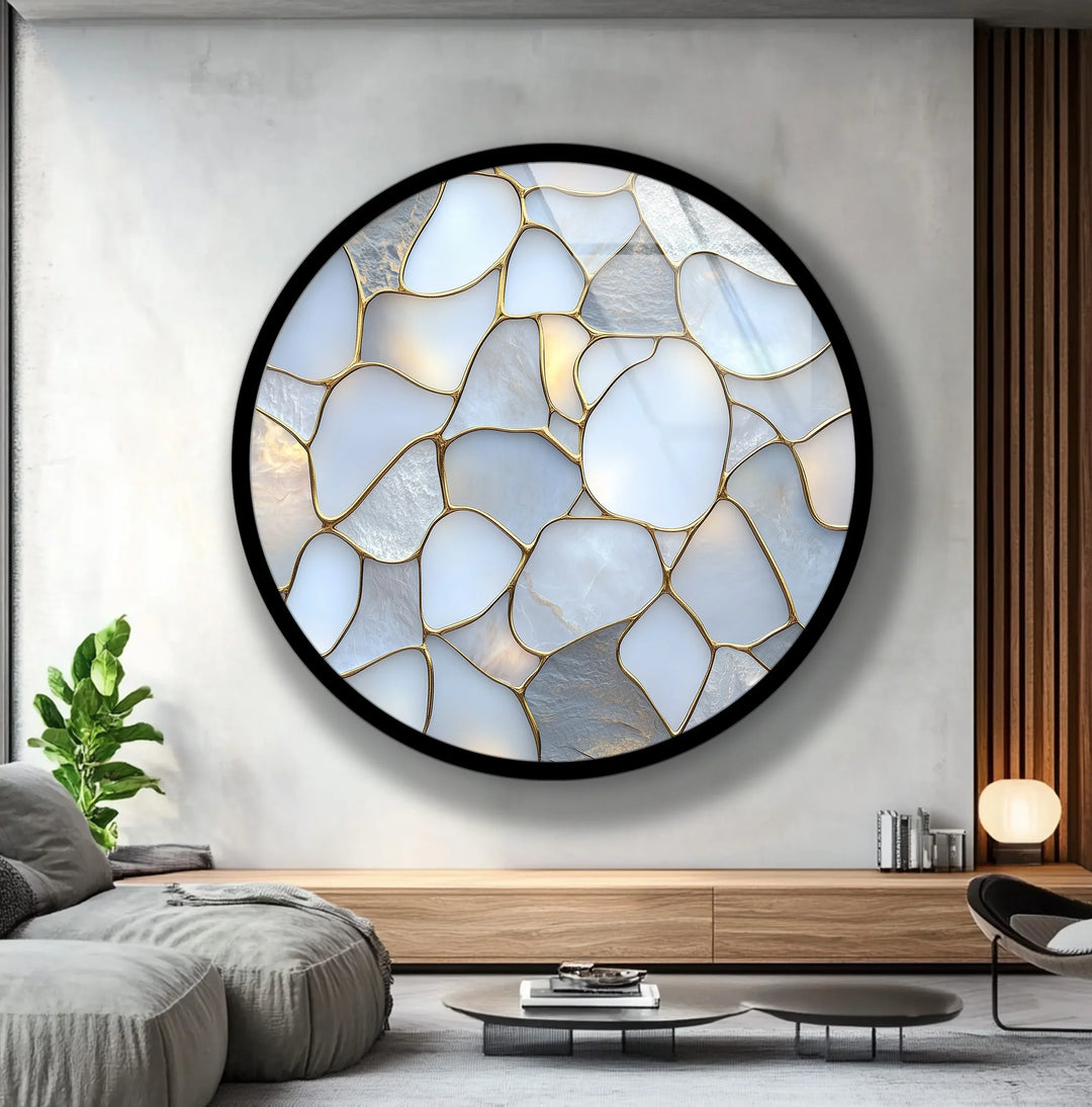 White Stone Mosaic Round Glass Wall Art - MyPhotoStation
