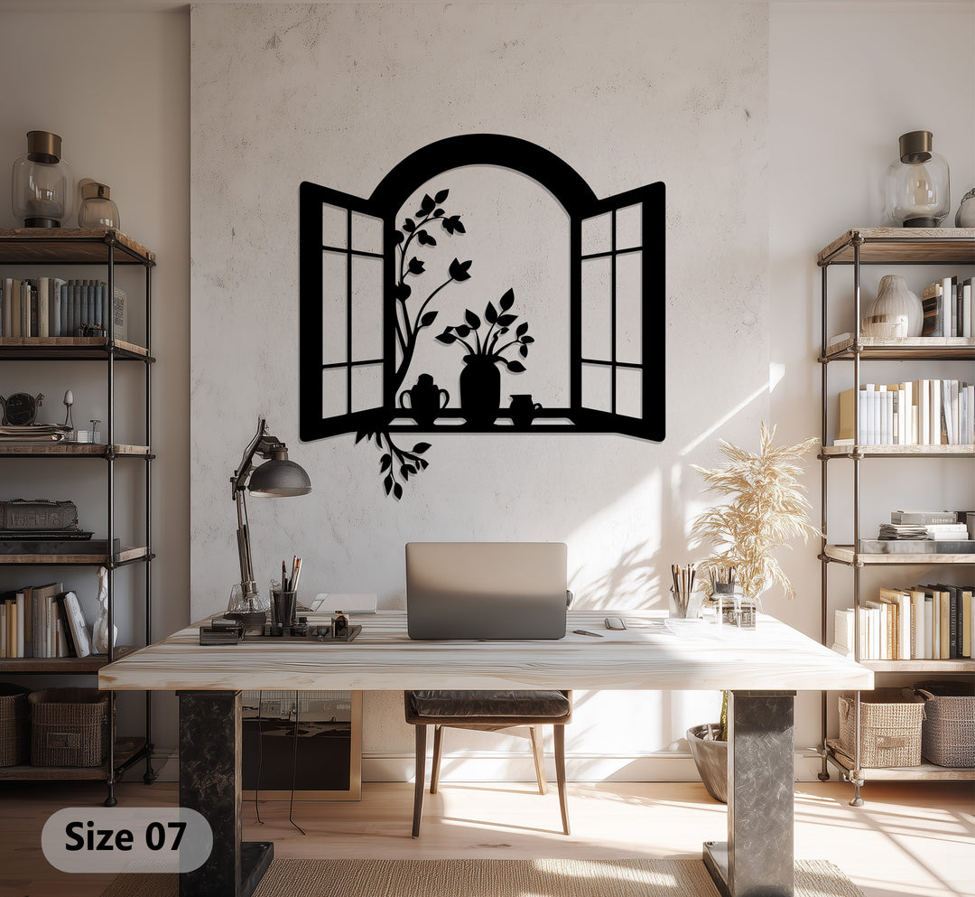Window Frame with Flower Pots – Elegant Metal Wall Art