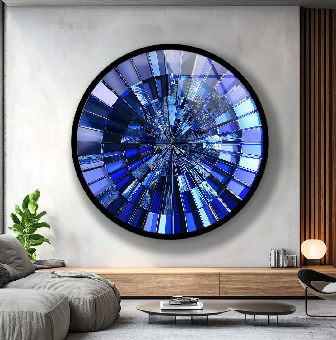 Midnight Radiance – Deep Blue Reflective Round Glass Wall Art