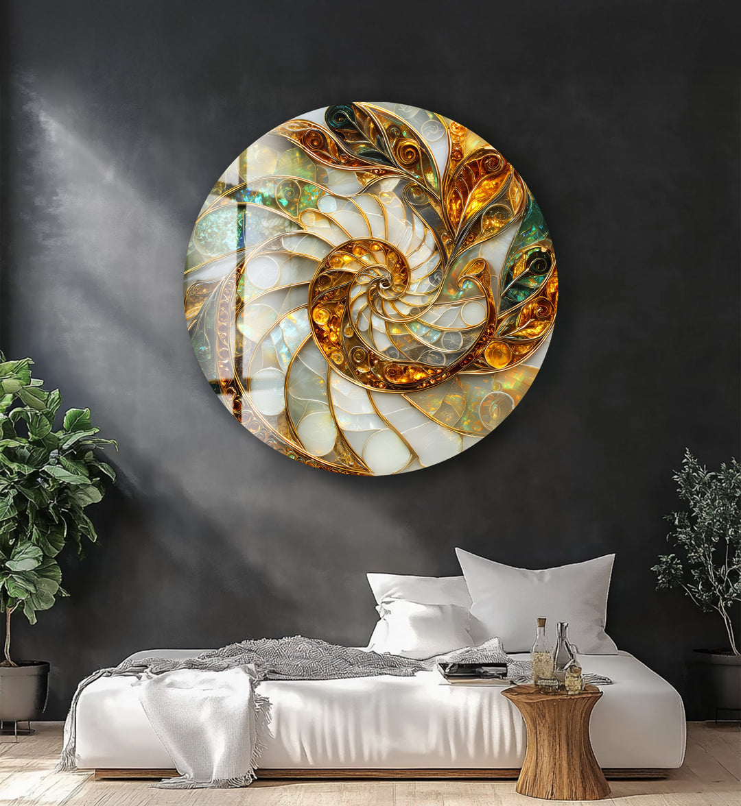 Golden Spiral Energy – Round Glass Wall Art